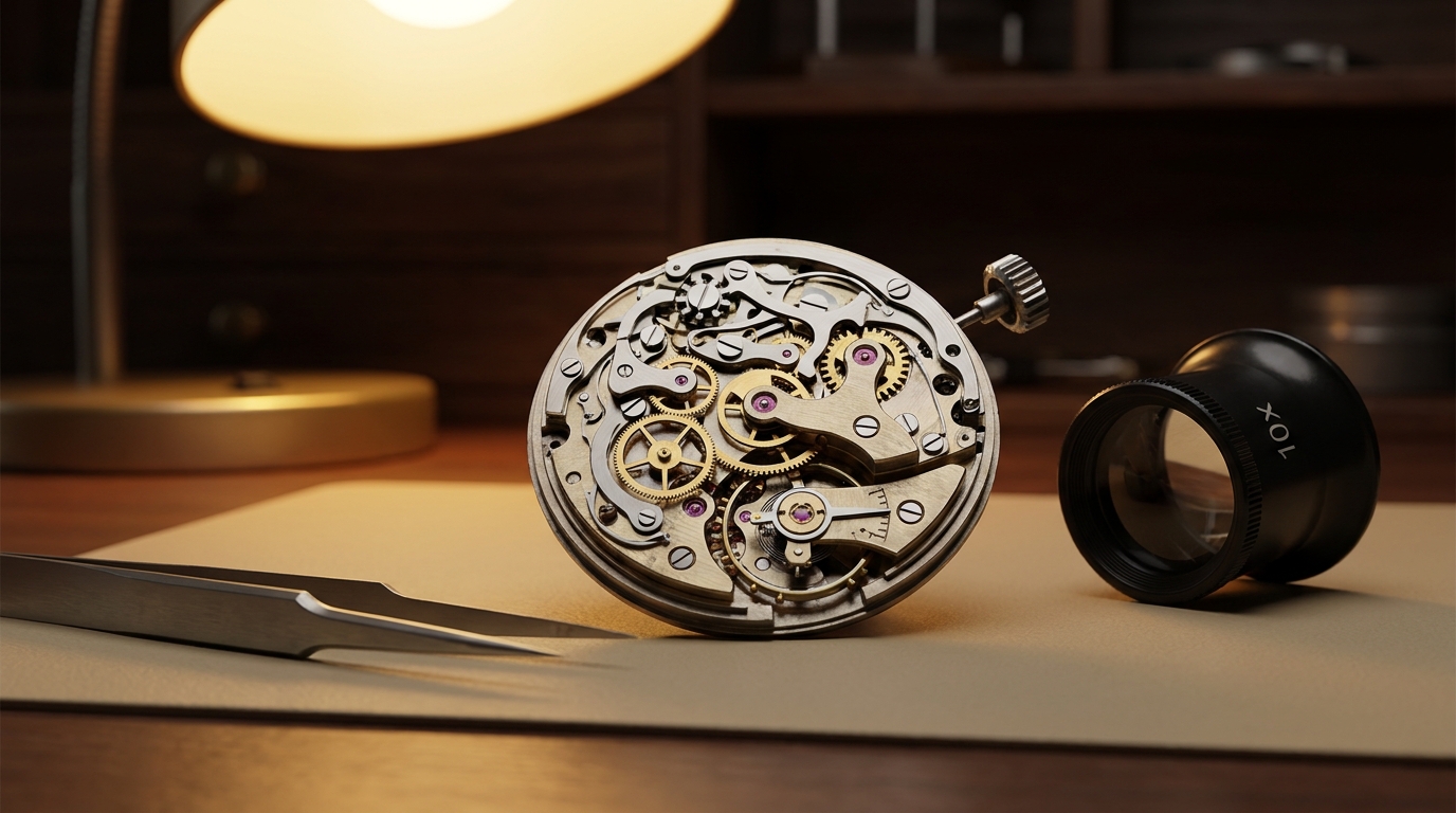 Mechanical watch movement on a horologist's bench with tweezers and a loupe nearby