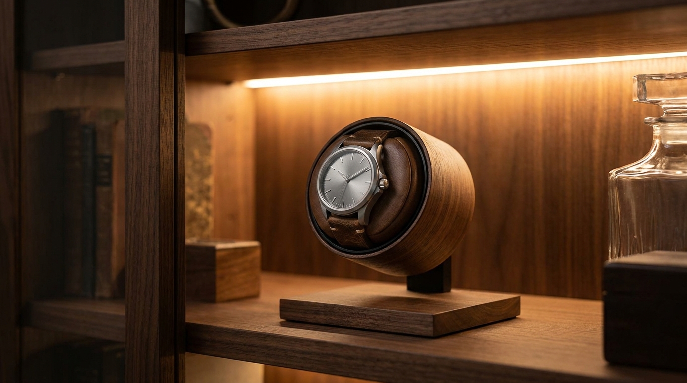 Single-position watch winder rotating an unbranded mechanical watch in a dark wood case