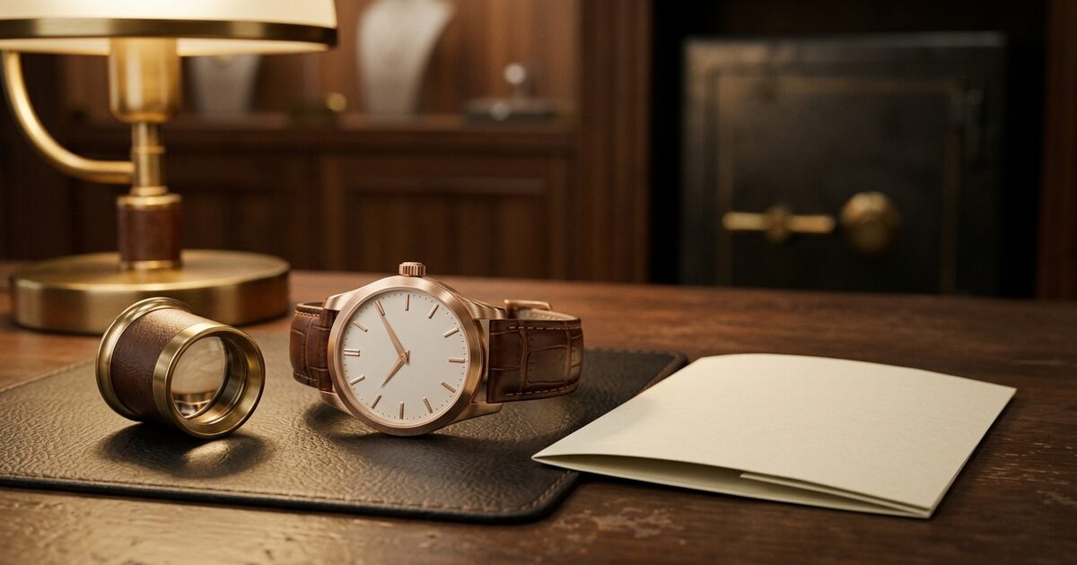 Luxury watch on a dealer's valuation desk with an offer sheet and loupe